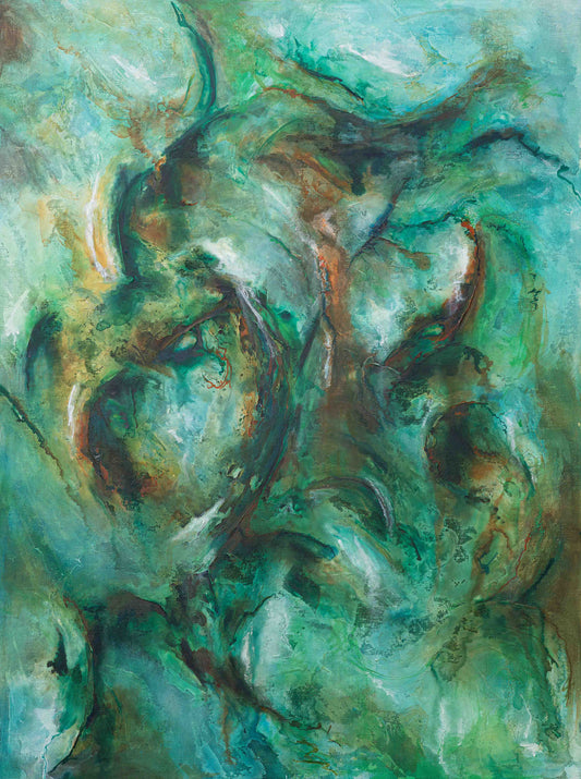 Abstract painting in layered tones of turquoise, green, and earthy browns, evoking an aerial view of natural landscapes with fluid, textured movement and dreamlike atmosphere.