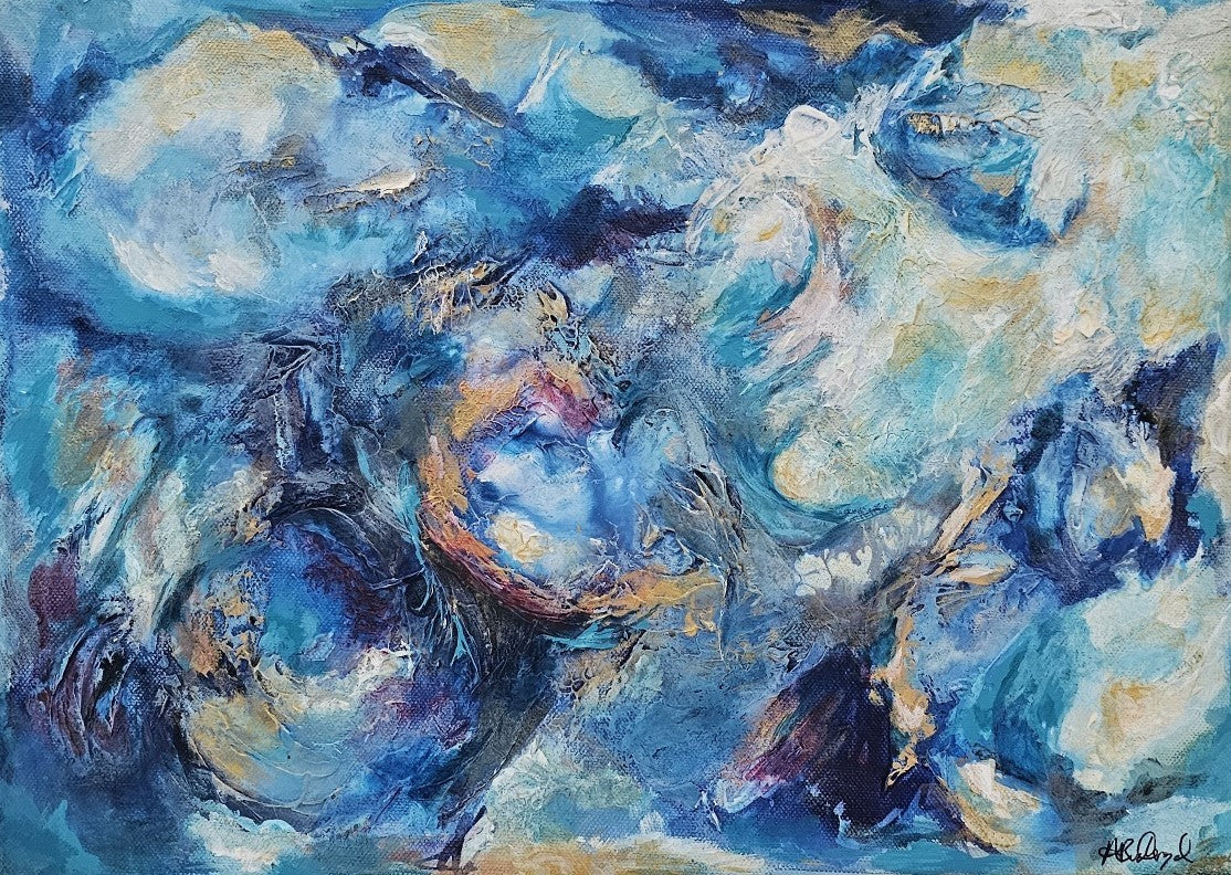 Textured abstract painting “Visions of an Ethereal Realm” by Alison Boothroyd — soft blues, muted golds, and misty greys inspired by shifting skies, evoking calm and quiet wonder.
