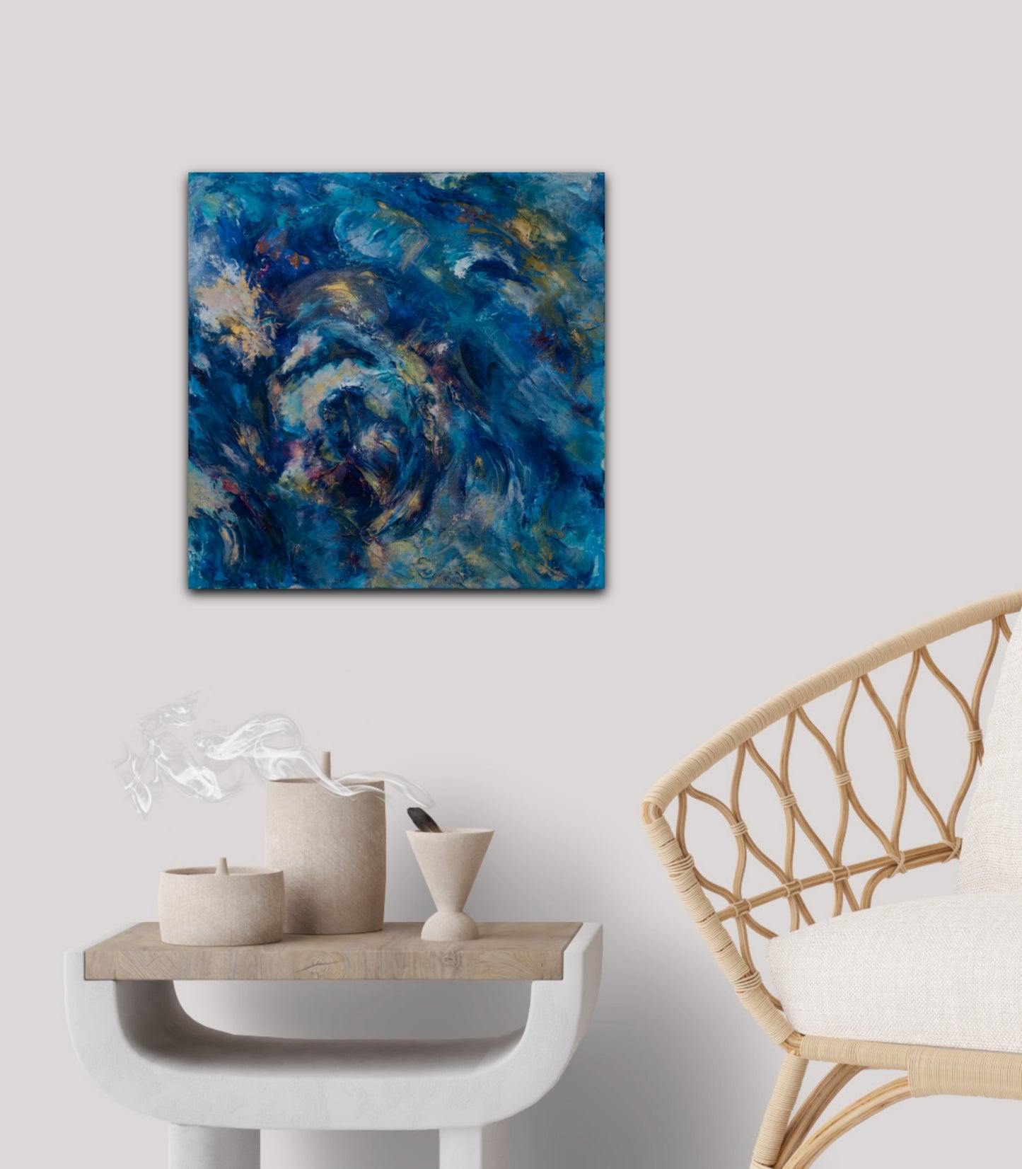 Deep blue ocean abstract painting on canvas titled “Radiant Depths”, featuring swirling layers of blue, turquoise and pink with luminous light emerging through rich textured marks and expressive movement.